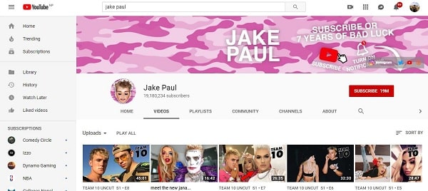 A picture of Jake Paul's YouTube channel.